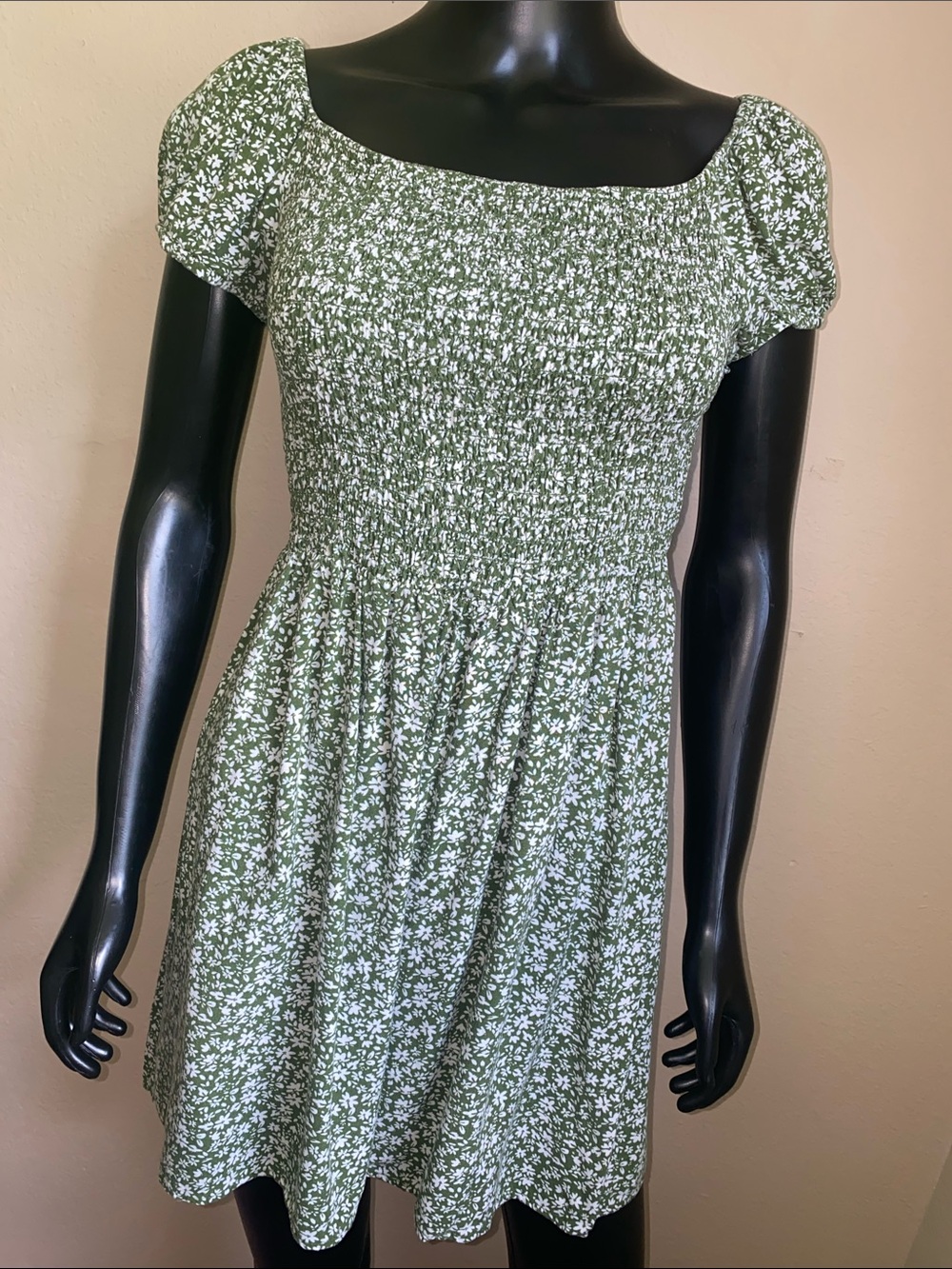 AUW Olive Green Floral Smocked Mini Dress